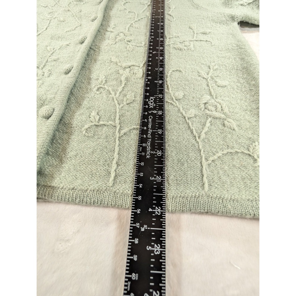 VTG Karen Scott Pure Wool Cardigan Sweater Medium Green Raised Floral Grandma - Picture 10 of 11